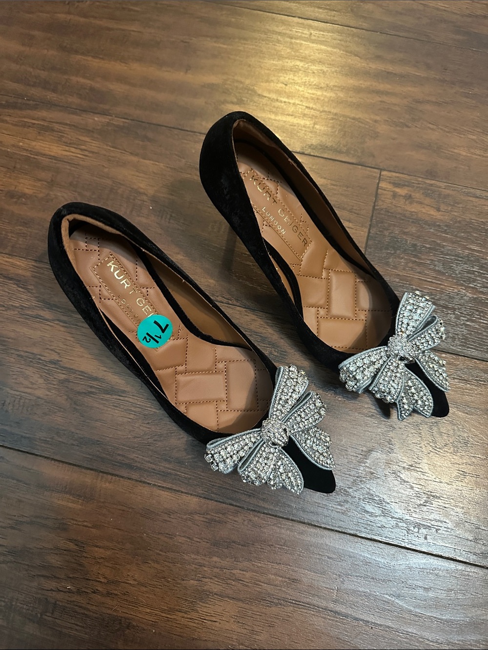 Kurt Geiger Black Suede Pointed Flats with Crystal Bow Embellishment